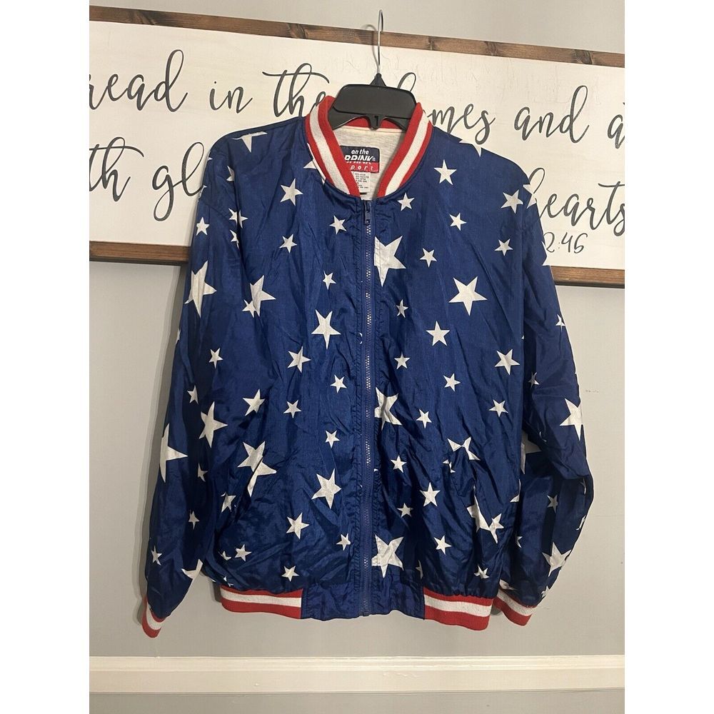 Vintage On The Brink Jacket Unisex Small White Red Blue Stars Windbreaker Lined